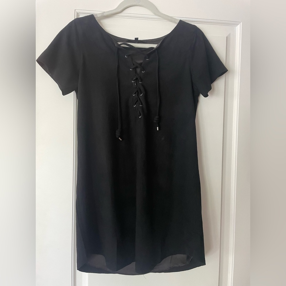 Olivaceous Black Faux Suede Lace Up Dress